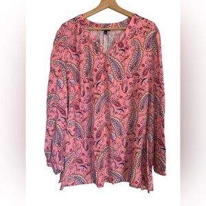 Talbot's Women's Top 3X Pink Paisley Long Sleeve Band Collar Popover Tunic boho